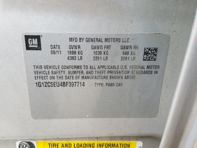 1G1ZC5EU4BF397714 - 2011 CHEVROLET MALIBU 1LT SILVER photo 10