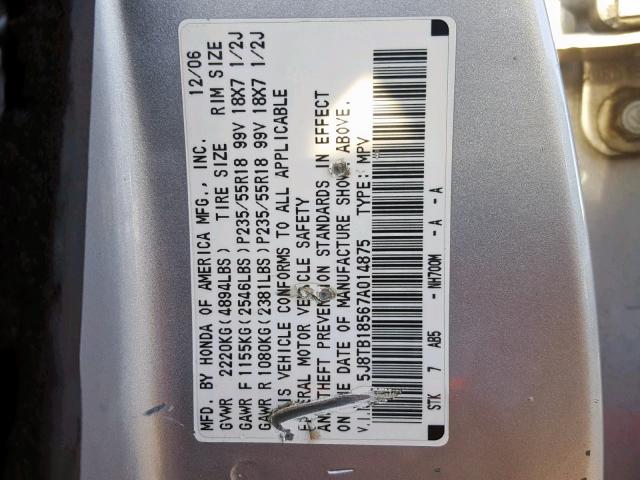 5J8TB18567A014875 - 2007 ACURA RDX TECHNO SILVER photo 10