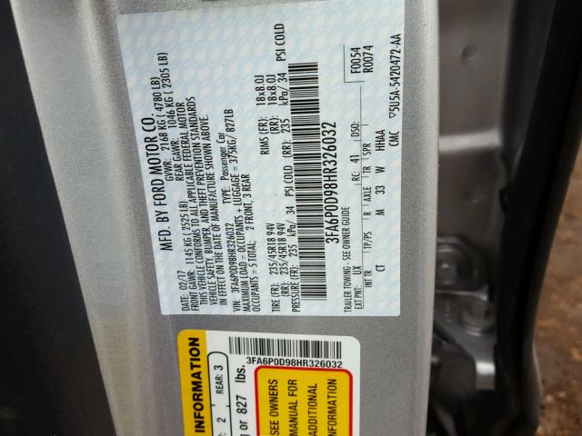 3FA6P0D98HR326032 - 2017 FORD FUSION TIT SILVER photo 10