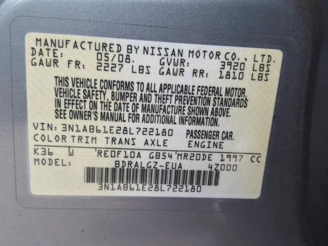 3N1AB61E28L722180 - 2008 NISSAN SENTRA 2.0 SILVER photo 10