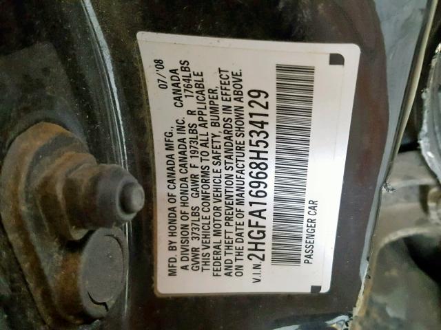 2HGFA16968H534129 - 2008 HONDA CIVIC EXL BLACK photo 10