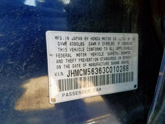 JHMCM56363C010288 - 2003 HONDA ACCORD LX BLUE photo 10