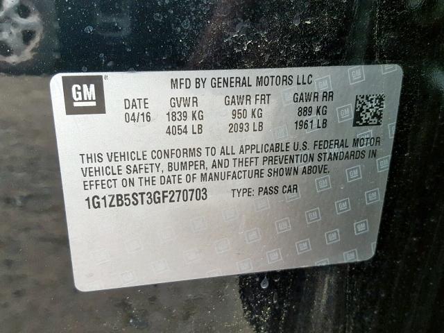 1G1ZB5ST3GF270703 - 2016 CHEVROLET MALIBU LS შავი ფოტო 10