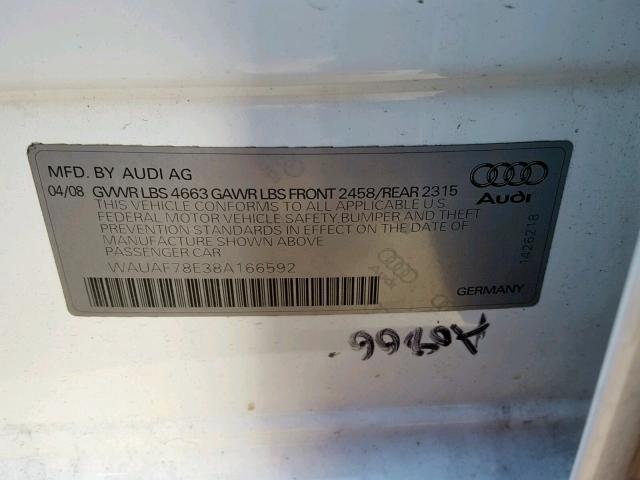 WAUAF78E38A166592 - 2008 AUDI A4 2.0T WHITE photo 10