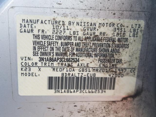 3N1AB6AP3CL662534 - 2012 NISSAN SENTRA 2.0 SILVER photo 10