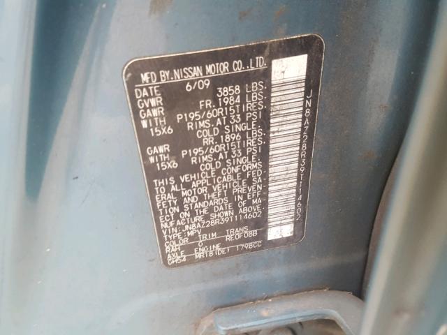 JN8AZ28R39T114602 - 2009 NISSAN CUBE BASE BLUE photo 10