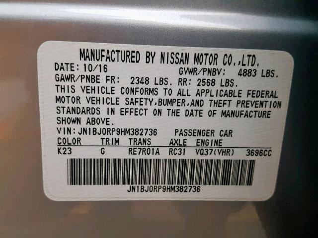 JN1BJ0RP9HM382736 - 2017 INFINITI QX50 GRAY photo 10