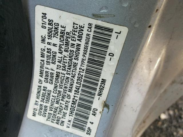 1HGEM21184L035212 - 2004 HONDA CIVIC DX V SILVER photo 10