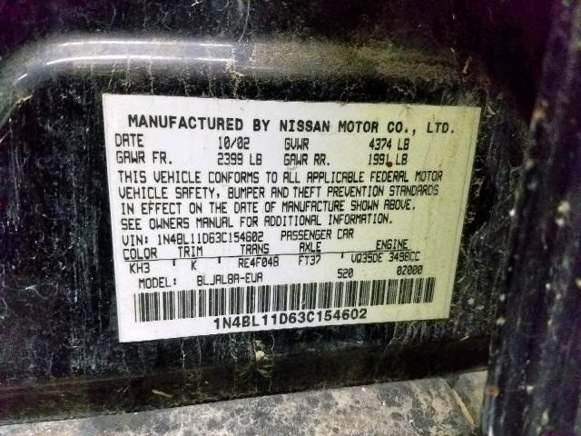 1N4BL11D63C154602 - 2003 NISSAN ALTIMA SE BLACK photo 10