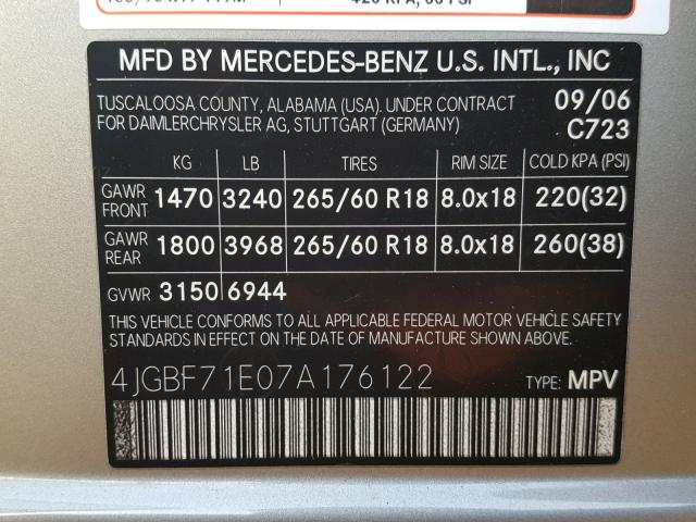 4JGBF71E07A176122 - 2007 MERCEDES-BENZ GL 450 4MA GOLD photo 10