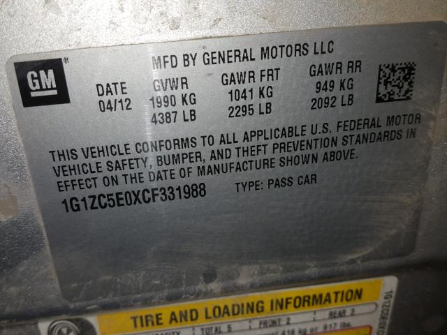 1G1ZC5E0XCF331988 - 2012 CHEVROLET MALIBU 1LT 银色 照片 10