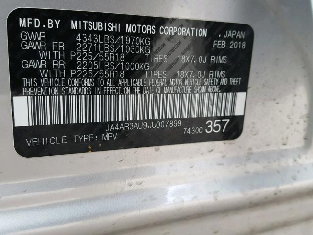 JA4AR3AU9JU007899 - 2018 MITSUBISHI OUTLANDER SILVER photo 10