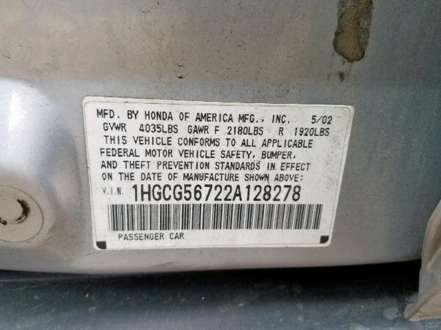 1HGCG56722A128278 - 2002 HONDA ACCORD SE SILVER photo 10