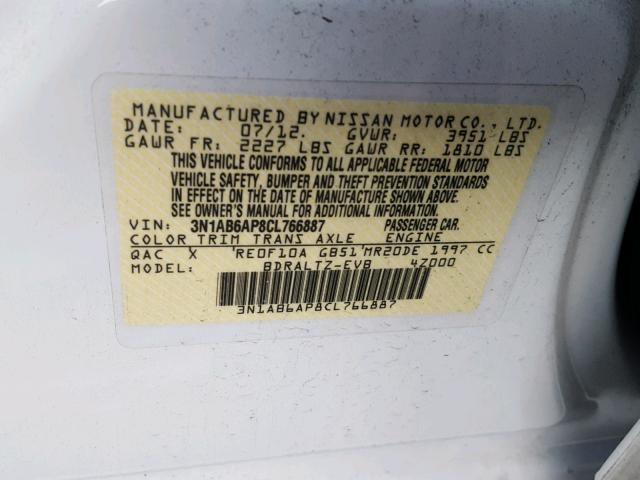 3N1AB6AP8CL766887 - 2012 NISSAN SENTRA 2.0 WHITE photo 10