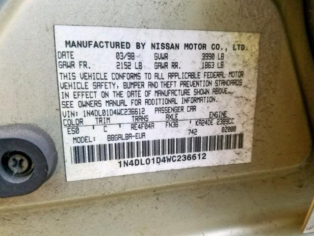 1N4DL01D4WC236612 - 1998 NISSAN ALTIMA XE TAN photo 10