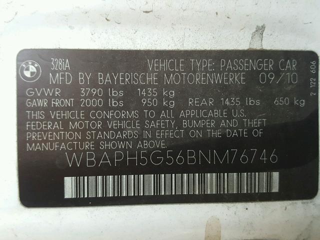 WBAPH5G56BNM76746 - 2011 BMW 328 I SULE WHITE photo 10