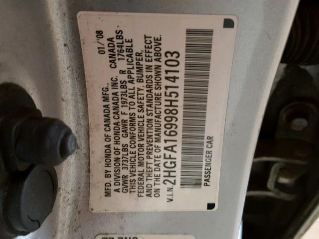 2HGFA16998H514103 - 2008 HONDA CIVIC EXL SILVER photo 10