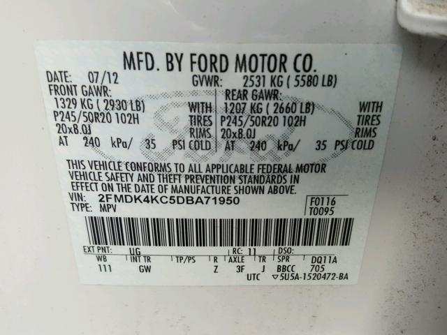 2FMDK4KC5DBA71950 - 2013 FORD EDGE LIMIT WHITE photo 10