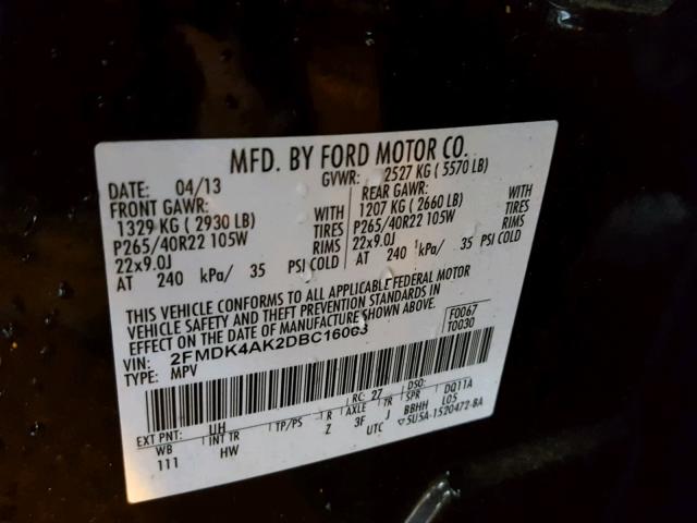 2FMDK4AK2DBC16063 - 2013 FORD EDGE SPORT BLACK photo 10