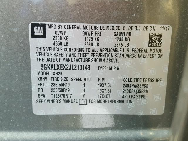 3GKALXEX2JL210148 - 2018 GMC TERRAIN DE GRAY photo 10