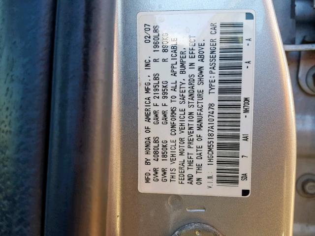 1HGCM55187A107478 - 2007 HONDA ACCORD VAL SILVER photo 10