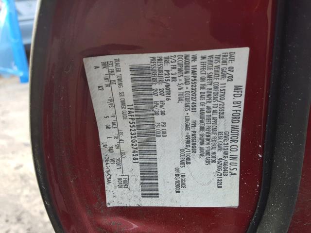 1FAFP55232G274581 - 2002 FORD TAURUS SES RED photo 10