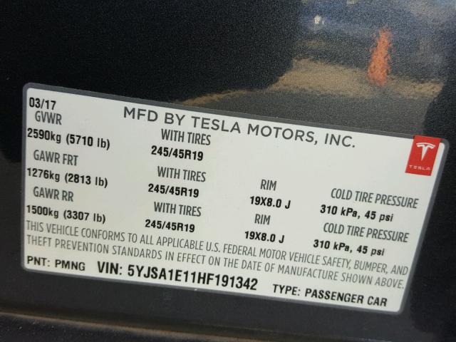 5YJSA1E11HF191342 - 2017 TESLA MODEL S GRAY photo 10