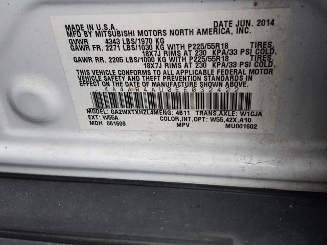 4A4AR4AU0EE032422 - 2014 MITSUBISHI OUTLANDER WHITE photo 10