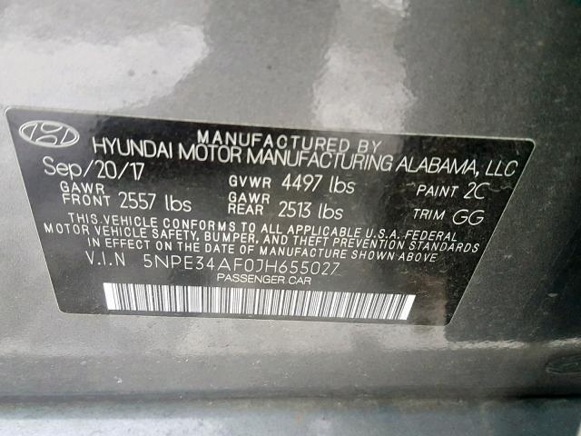 5NPE34AF0JH655027 - 2018 HYUNDAI SONATA SPO GRAY photo 10