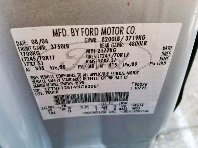 1FTVF12514NC63061 - 2004 FORD F150 SILVER photo 10