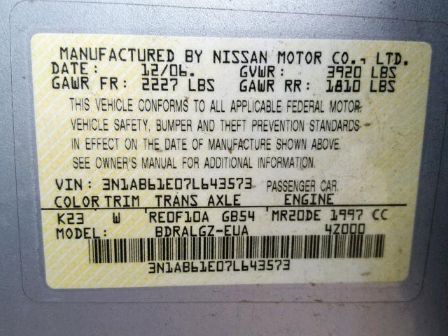 3N1AB61E07L643573 - 2007 NISSAN SENTRA 2.0 SILVER photo 10