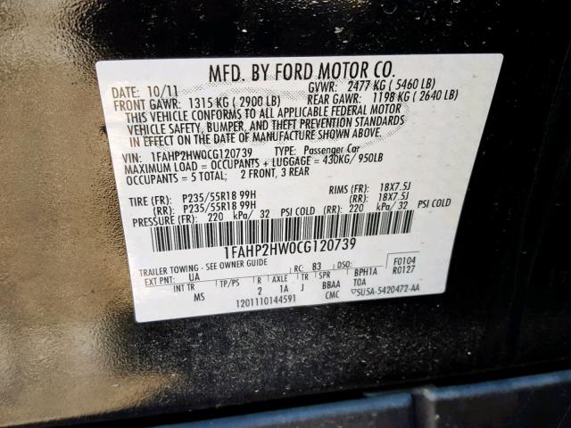 1FAHP2HW0CG120739 - 2012 FORD TAURUS SEL BLACK photo 10