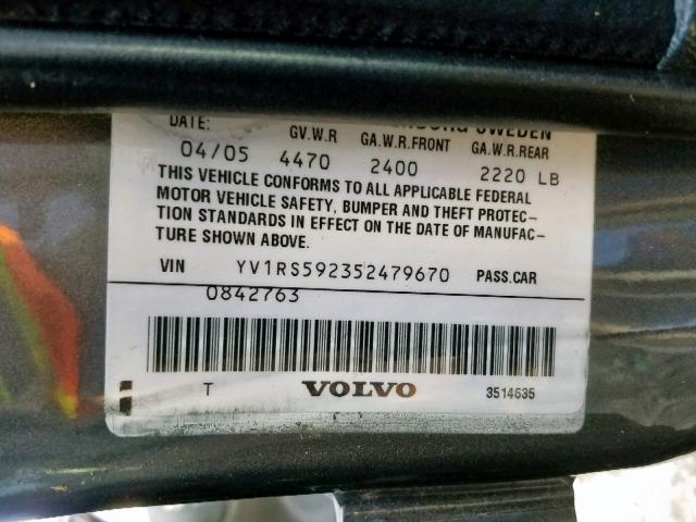 YV1RS592352479670 - 2005 VOLVO S60 2.5T GRAY photo 10