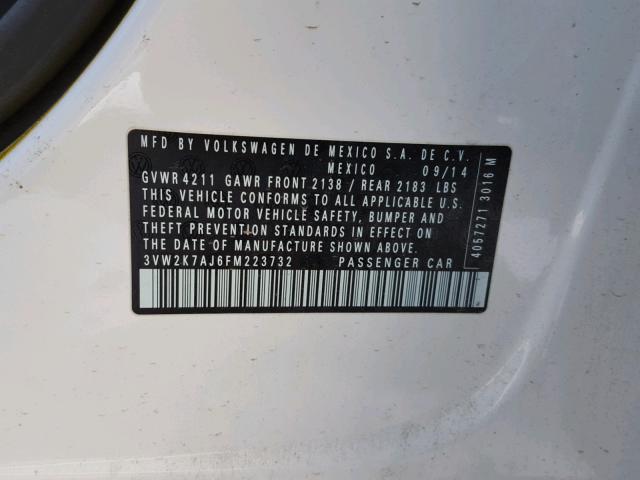 3VW2K7AJ6FM223732 - 2015 VOLKSWAGEN JETTA BASE 白色 照片 10