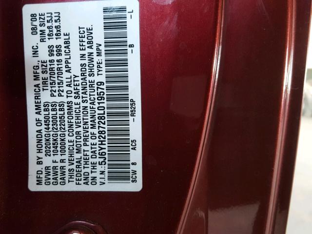 5J6YH28728L019579 - 2008 HONDA ELEMENT EX RED photo 10