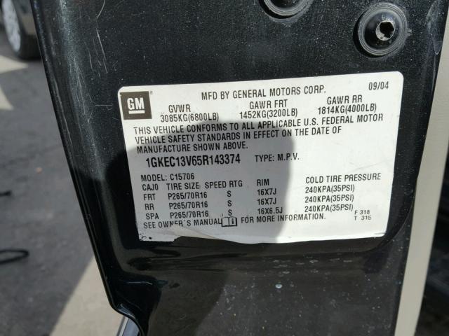 1GKEC13V65R143374 - 2005 GMC YUKON CHARCOAL photo 10