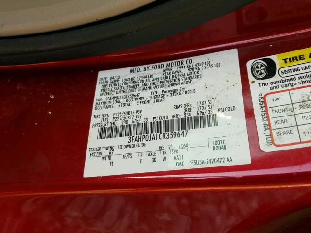 3FAHP0JA1CR359647 - 2012 FORD FUSION SEL RED photo 10
