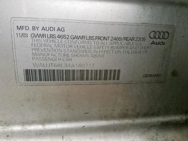 WAUJT68E34A140717 - 2004 AUDI A4 3.0 SILVER photo 10