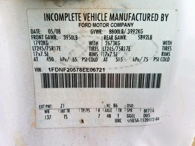 1FDNF20578EE06721 - 2008 FORD F250 SUPER WHITE photo 10