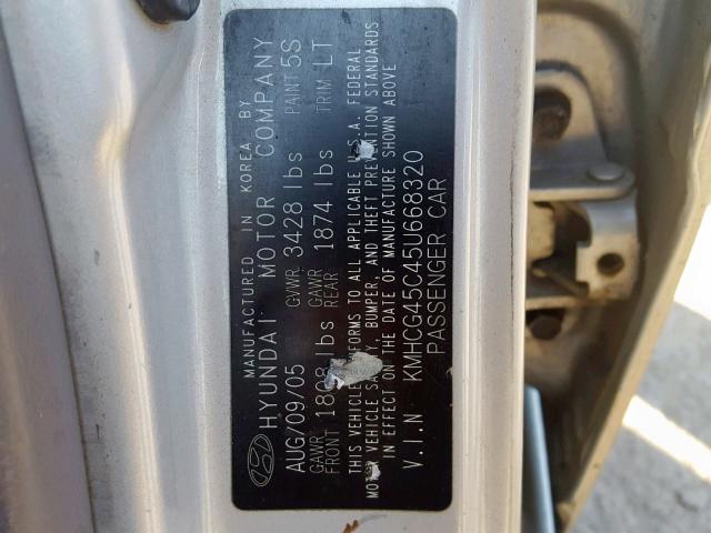 KMHCG45C45U668320 - 2005 HYUNDAI ACCENT GL SILVER photo 10