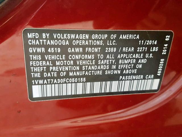 1VWAT7A30FC050155 - 2015 VOLKSWAGEN PASSAT S RED photo 10