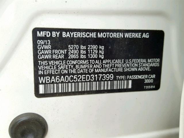 WBA6A0C52ED317399 - 2014 BMW 640 I WHITE photo 10