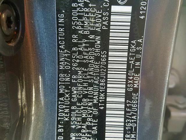 4T1BK1EB6JU270665 - 2018 TOYOTA AVALON XLE CHARCOAL photo 10