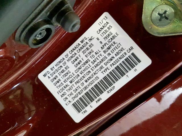 2HGFB2F58EH503105 - 2014 HONDA CIVIC LX RED photo 10