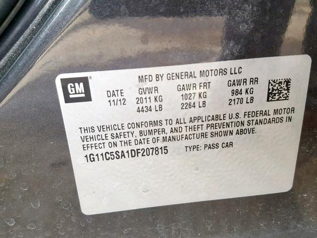 1G11C5SA1DF207815 - 2013 CHEVROLET MALIBU 1LT GRAY photo 10