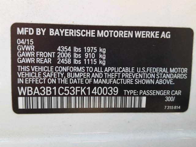 WBA3B1C53FK140039 - 2015 BMW 320 I WHITE photo 10