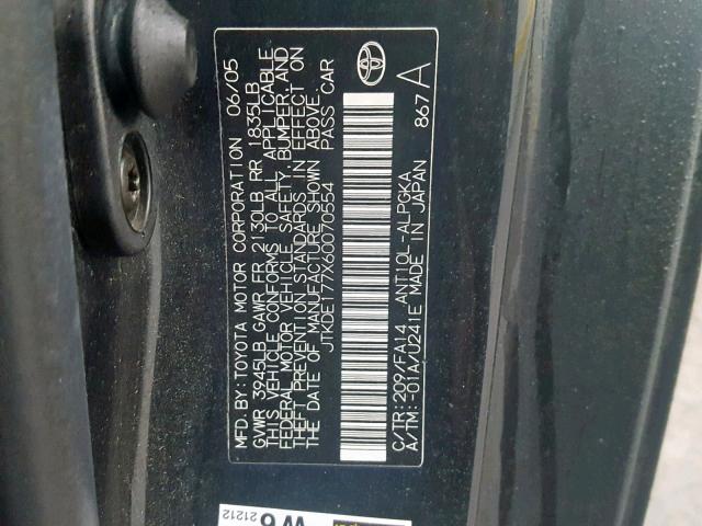 JTKDE177X60070554 - 2006 TOYOTA SCION TC შავი ფოტო 10