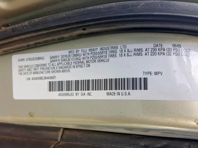 4S4WX86C964406801 - 2006 SUBARU B9 TRIBECA GOLD photo 10