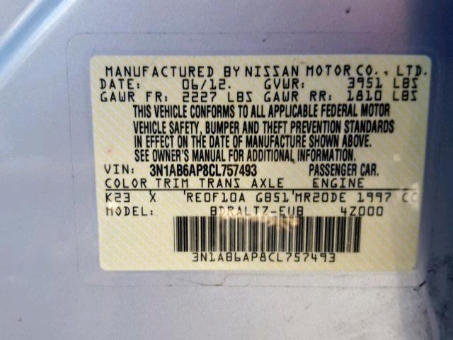 3N1AB6AP8CL757493 - 2012 NISSAN SENTRA 2.0 GRAY photo 10