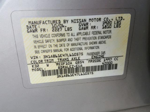 3N1AB61E47L610575 - 2007 NISSAN SENTRA 2.0 GOLD photo 10